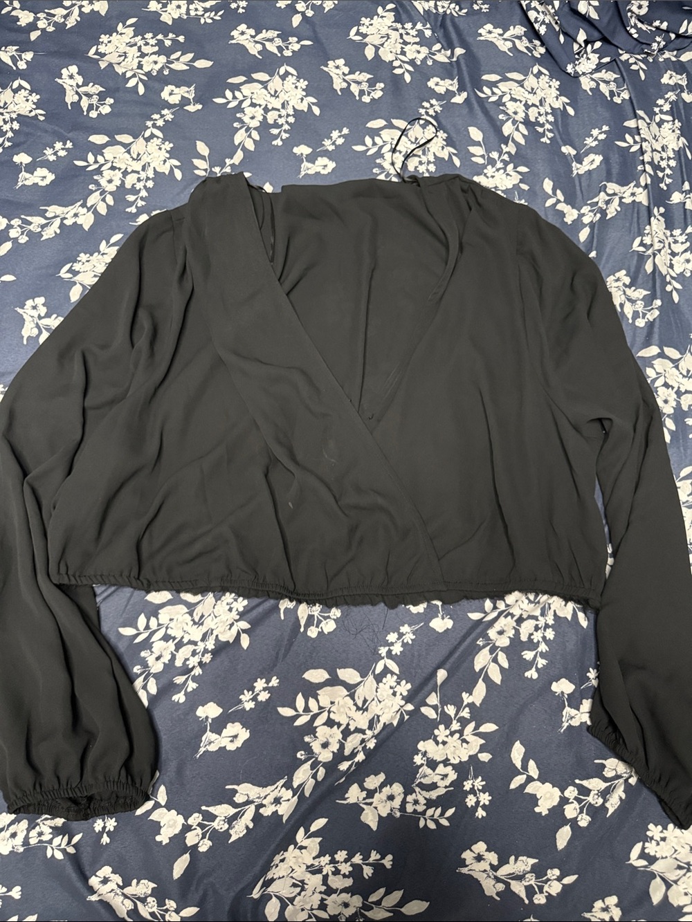 Black Long-Sleeve Cropped Wrap Top